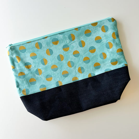 Denim - Shawl Zippered Project Bag - Teal with Gold Circles