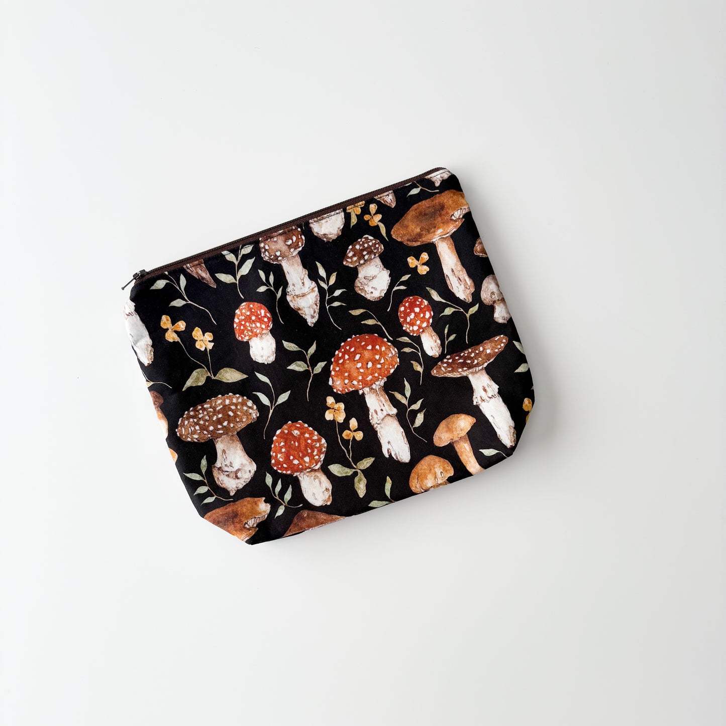Sock Project Bag - Mushrooms on Black