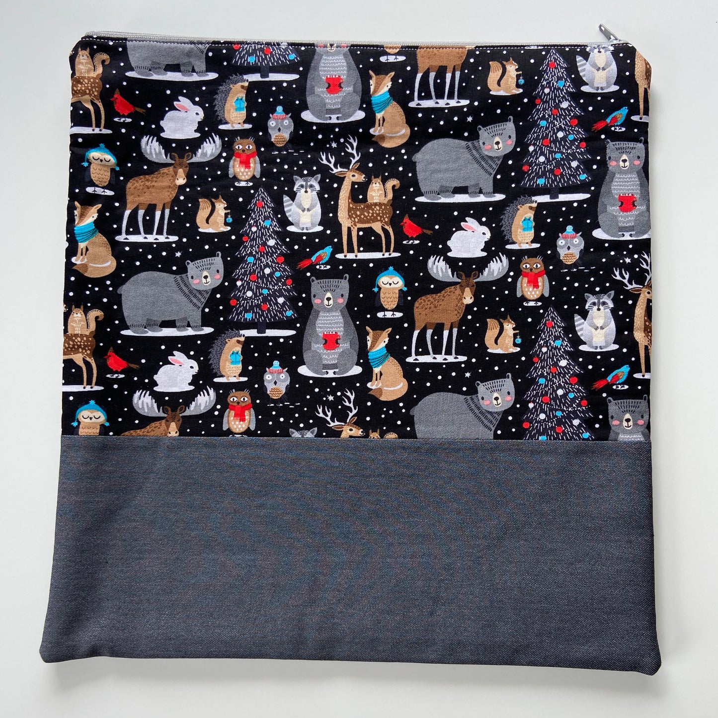 Cross Stitch Zippered Project Bag - Black with Woodland Critters