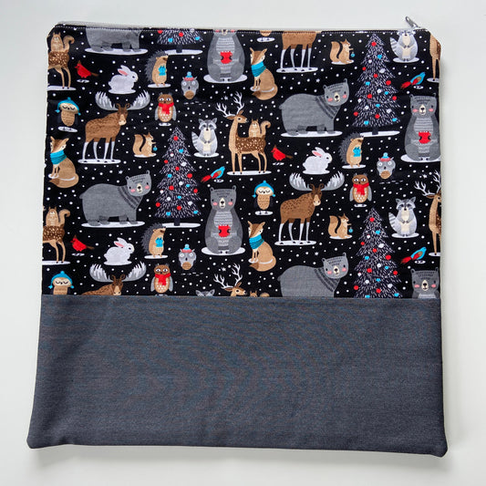 Cross Stitch Zippered Project Bag - Black with Woodland Critters