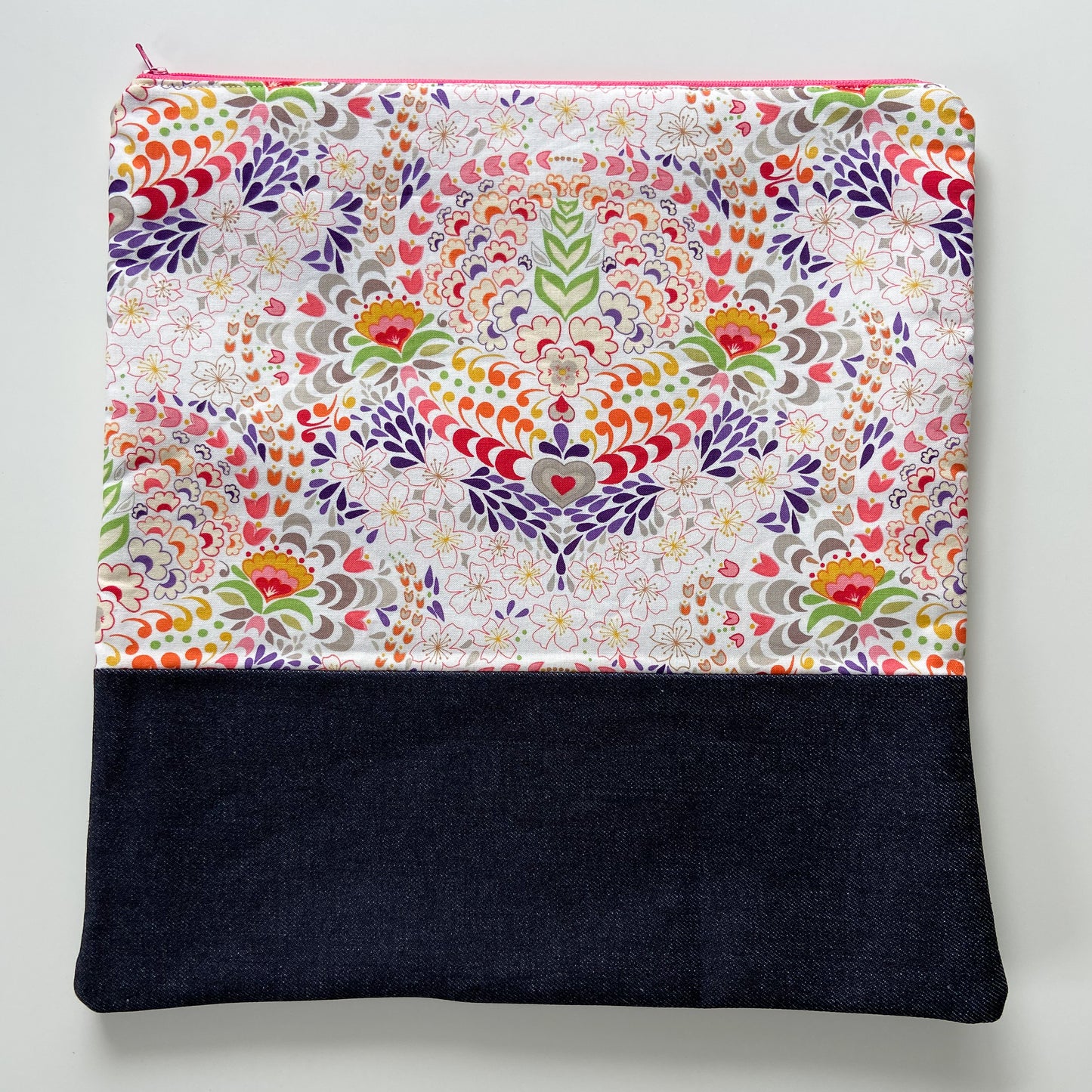 Cross Stitch Zippered Project Bag - White with Floral Design