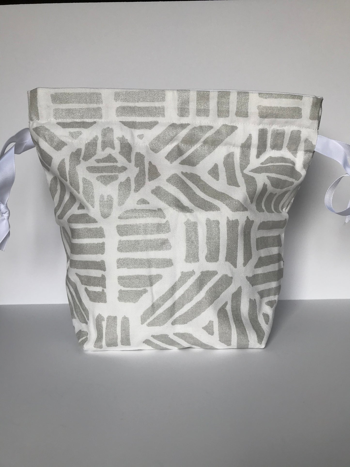 Small Drawstring Bag - White with silver geometrics