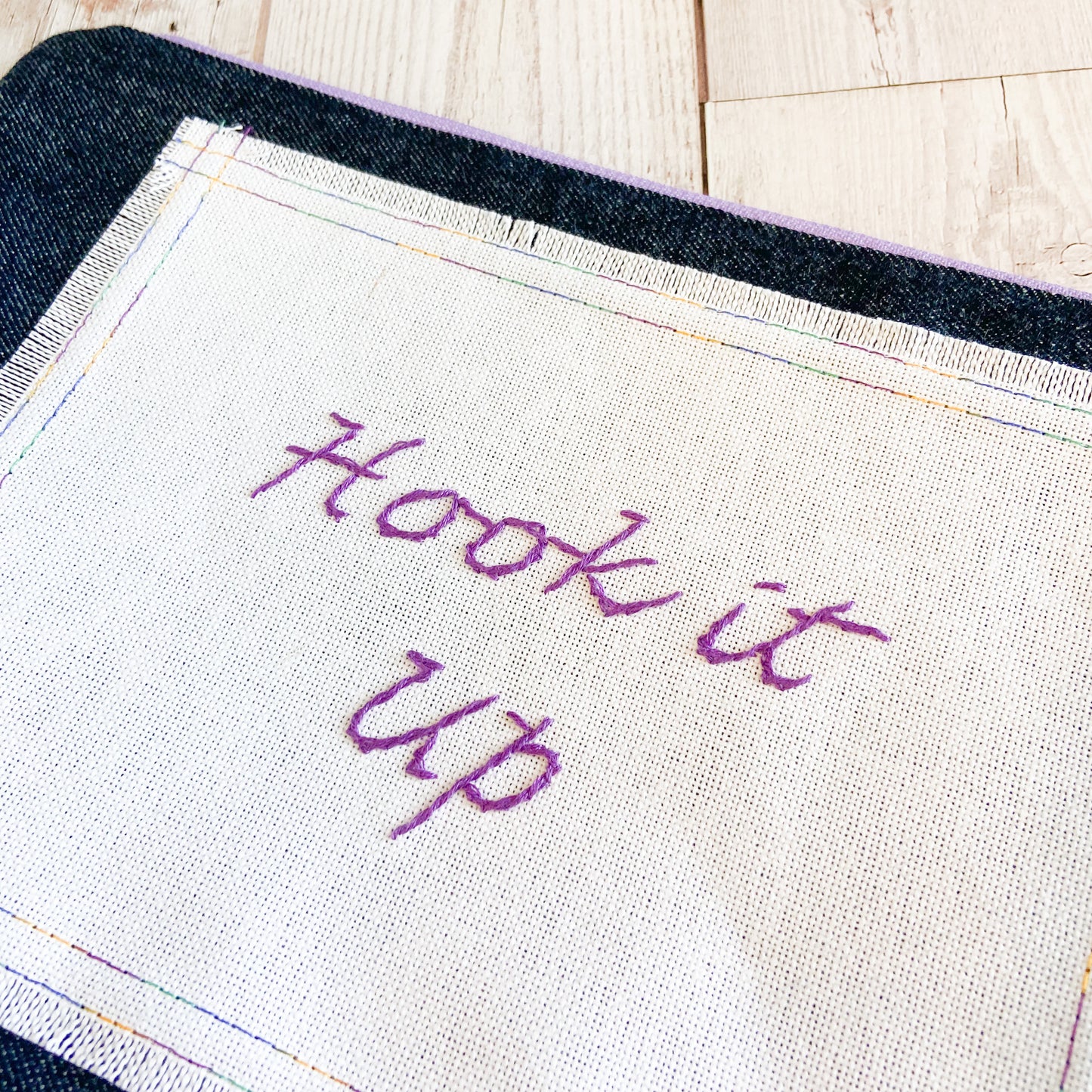 Denim - Small Hook it up Project Bag - White with Purple Embroidery
