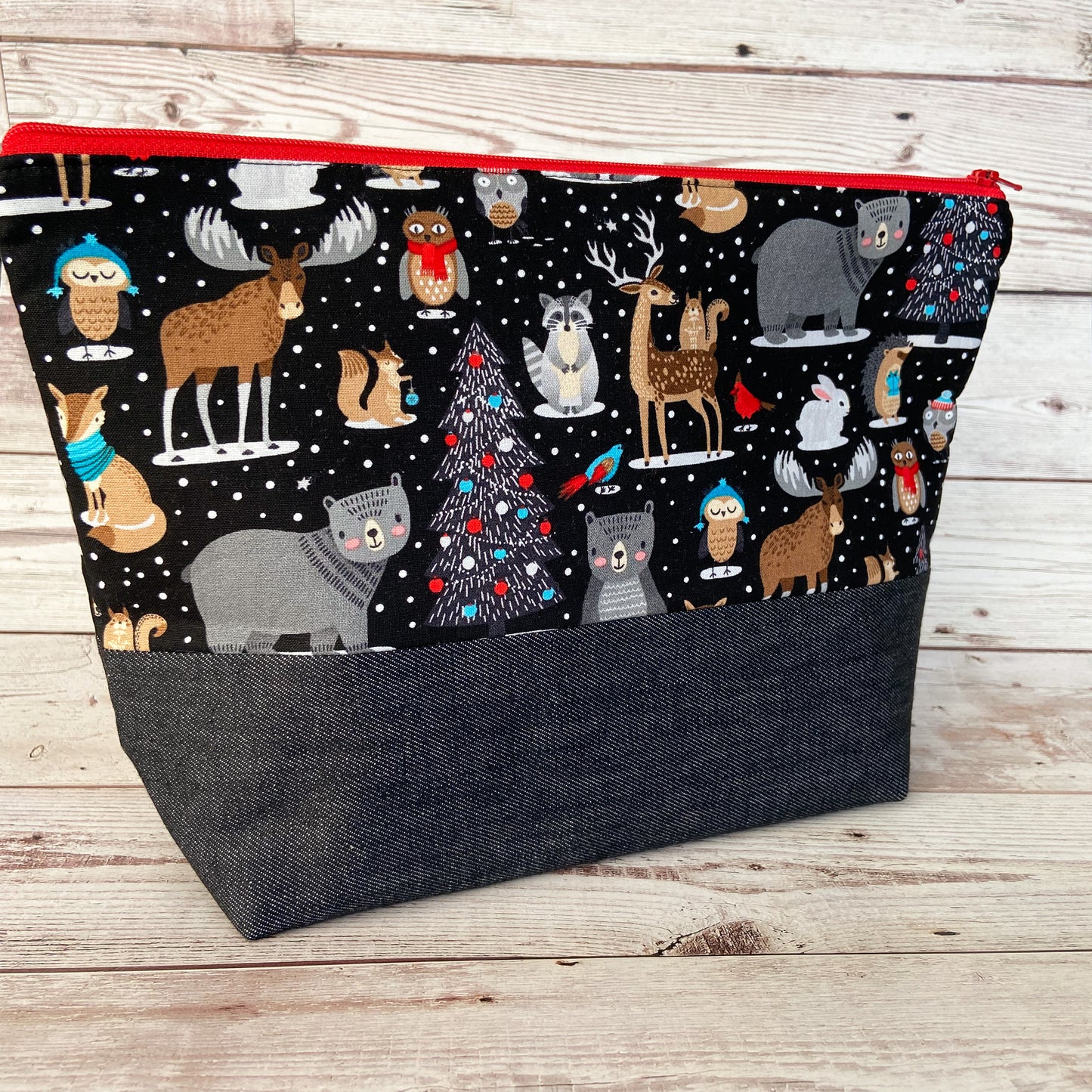 Denim - Small Zippered Project Bag - Woodland Christmas at Night