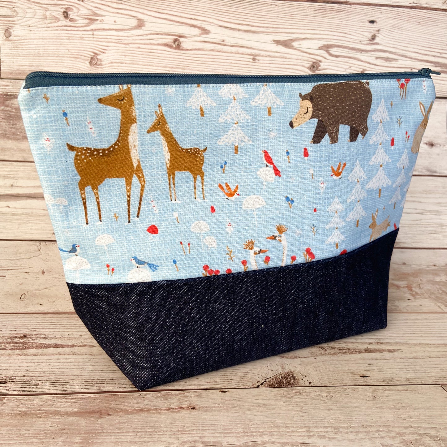 Denim - Small Zippered Project Bag - Winter Woodland Critters