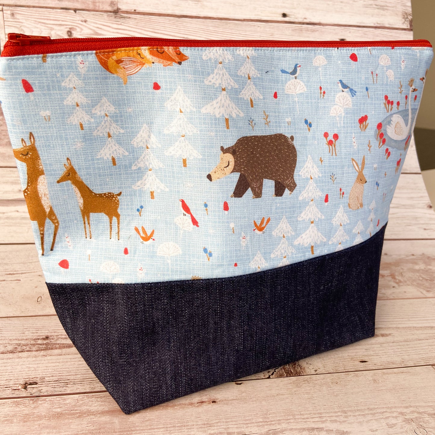 Denim - Large Zippered Project Bag - Winter Woodland Critters