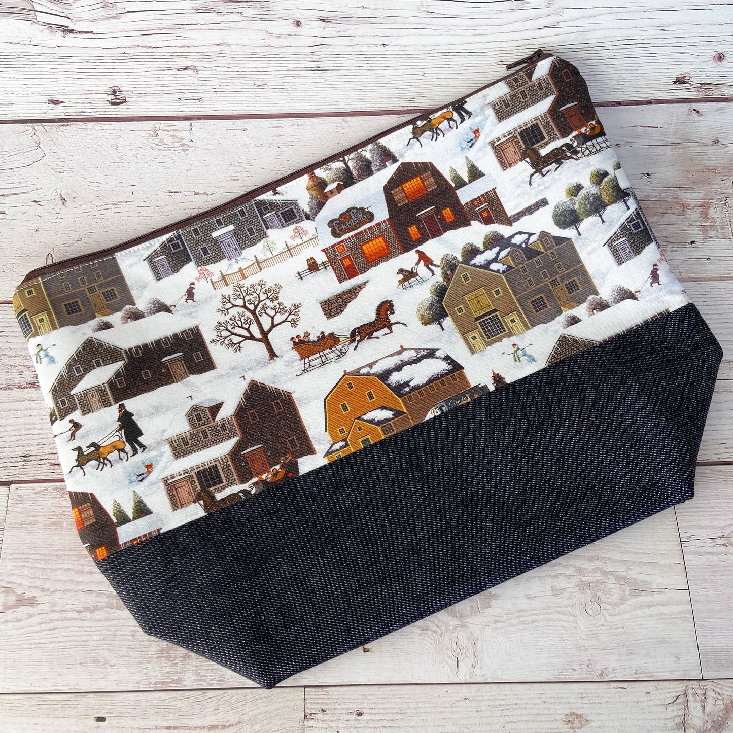 Denim - Large Zippered Project Bag - Old Farm Winter