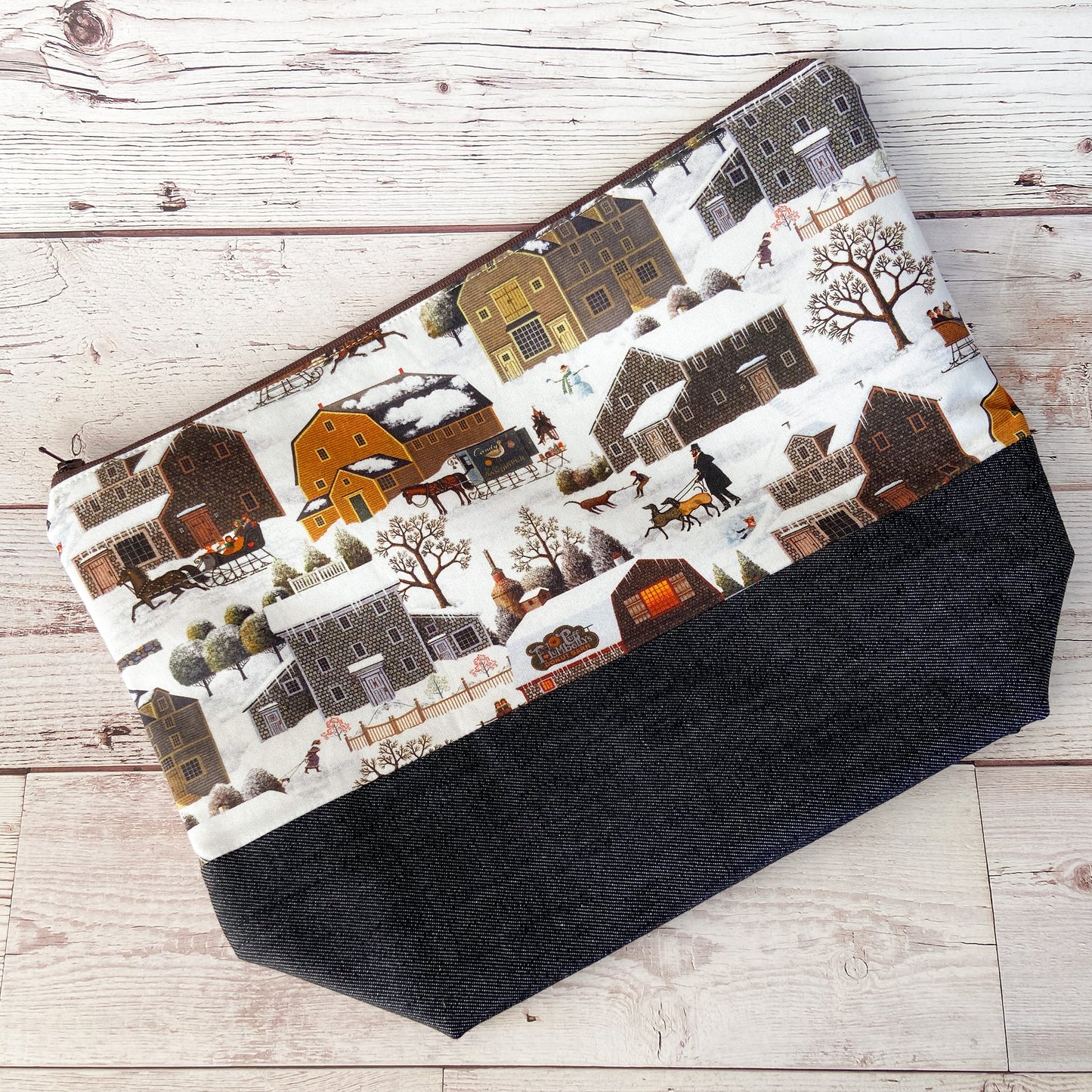 Denim - Large Zippered Project Bag - Old Farm Winter