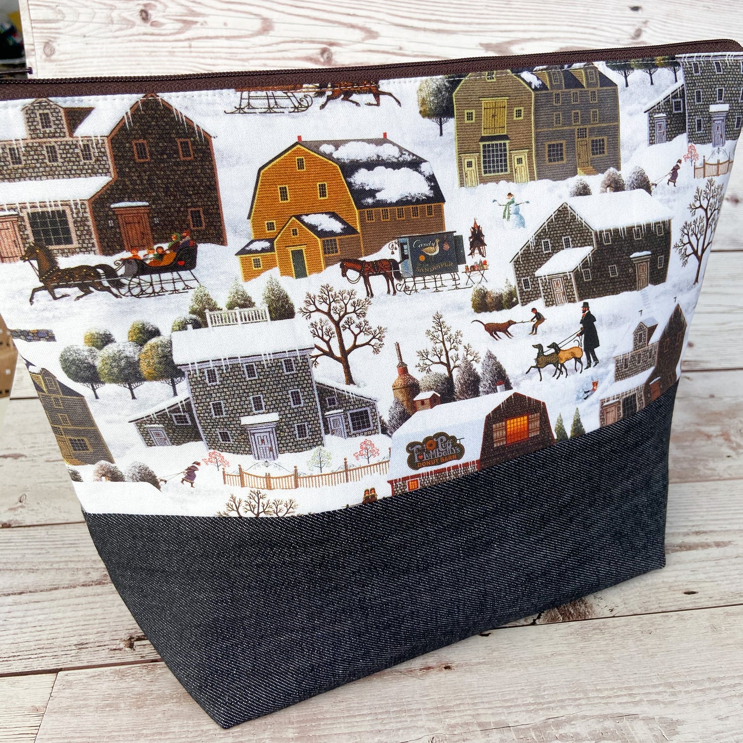Denim - Large Zippered Project Bag - Old Farm Winter