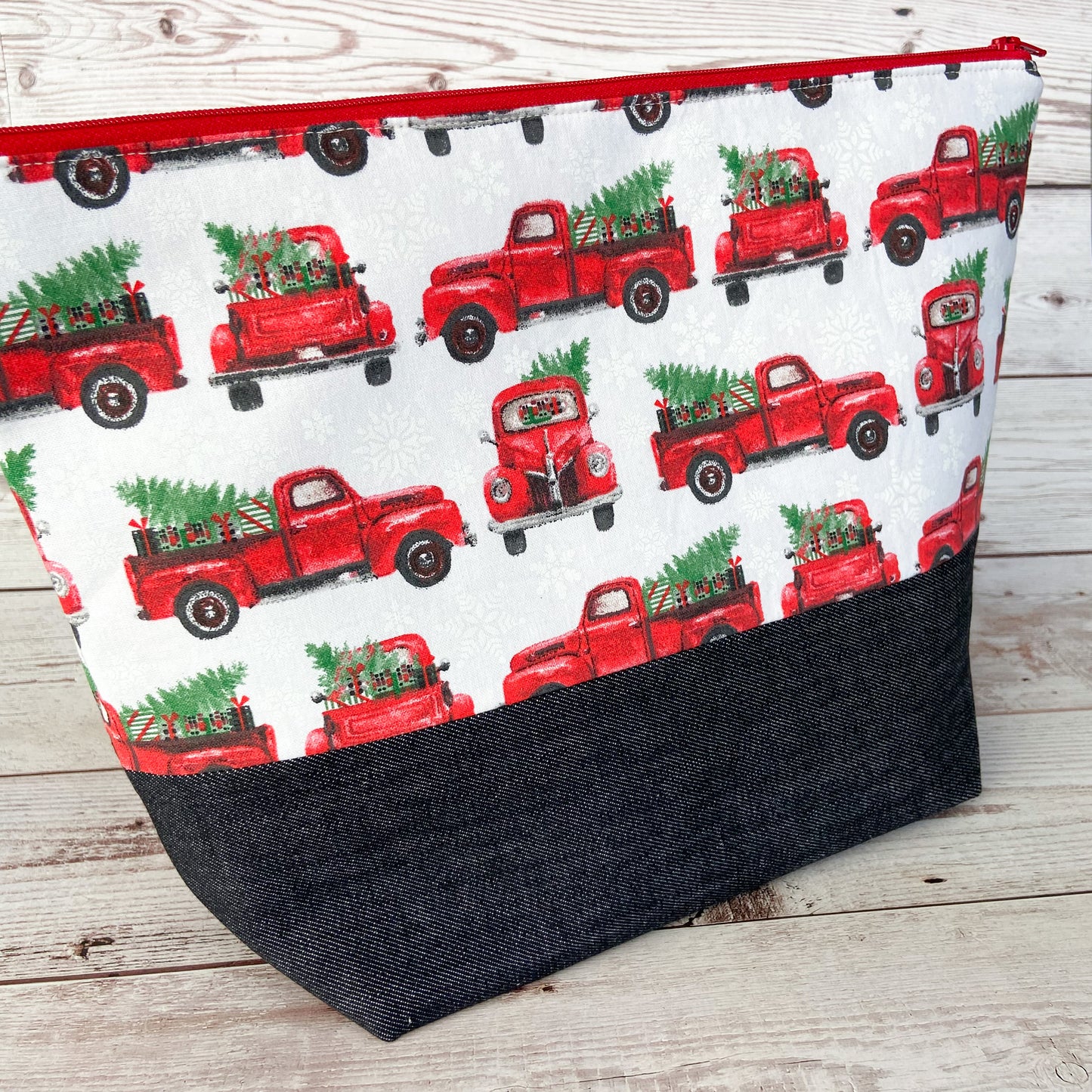 Denim - Shawl Zippered Project Bag - Classic Red Truck with Trees