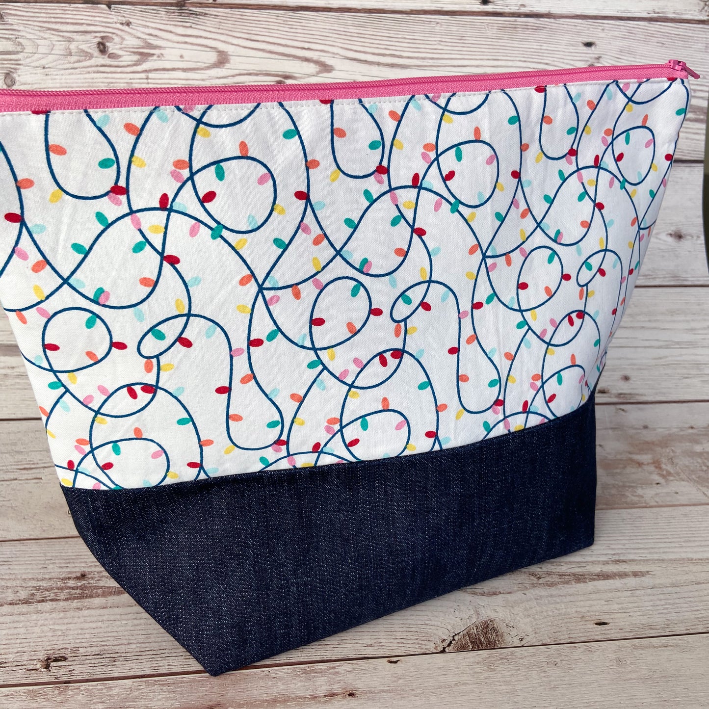 Denim - Large Zippered Project Bag - Tangled Christmas Lights