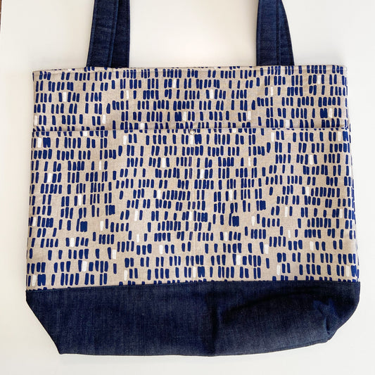 Tote Bag - Tan/Denim with Blue & White Tick Marks