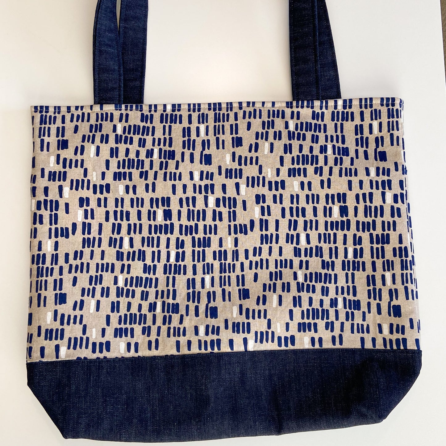 Tote Bag - Tan/Denim with Blue & White Tick Marks