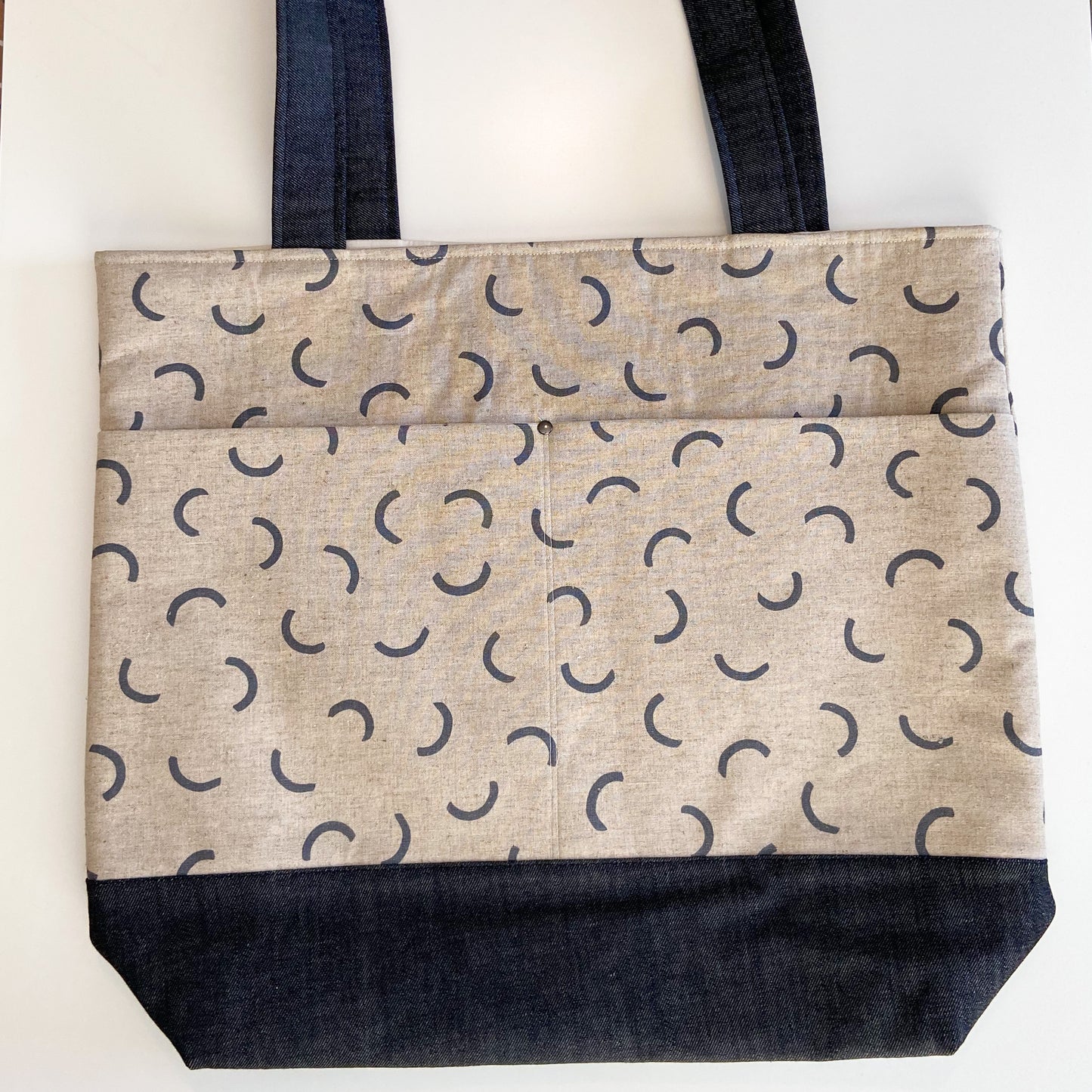 Tote Bag - Tan/Denim with Half Circle Shapes