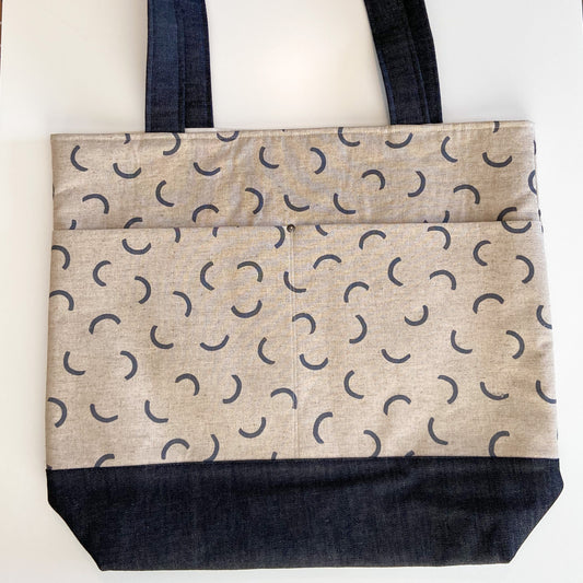 Tote Bag - Tan/Denim with Half Circle Shapes