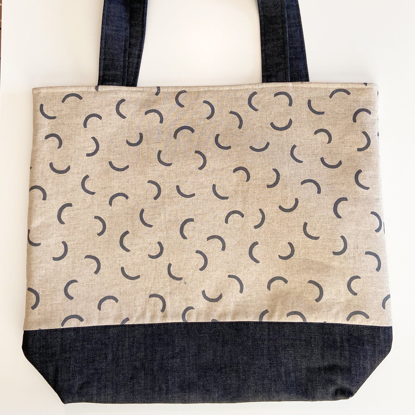 Tote Bag - Tan/Denim with Half Circle Shapes