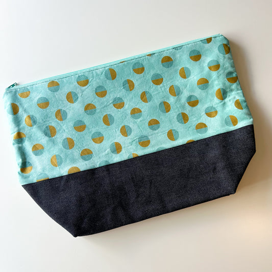 Denim - Sweater Zippered Project Bag - Teal with Gold Circles