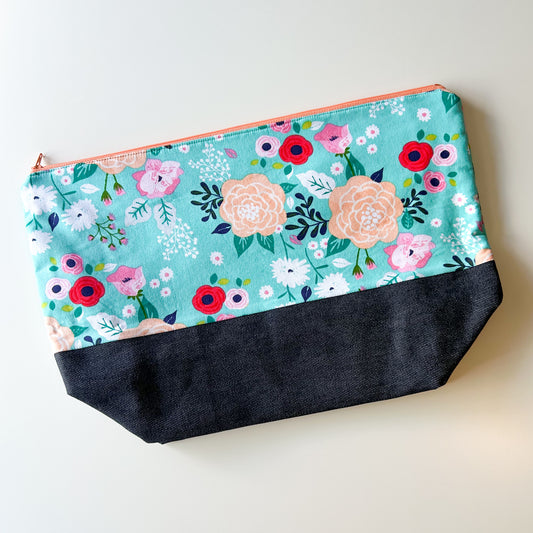 Denim - Sweater Zippered Project Bag - Pink and Peach Flowers