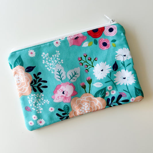 Notion Pouch - Turq. with Pink & Peach Flowers