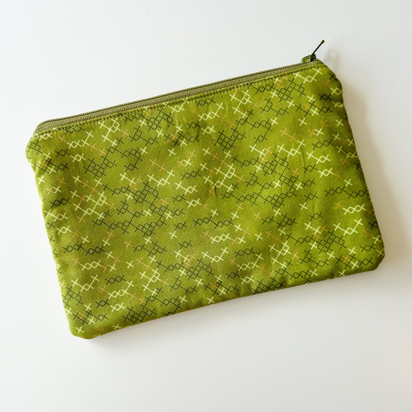 Notion Pouch - Green with Gold Cross Stitches