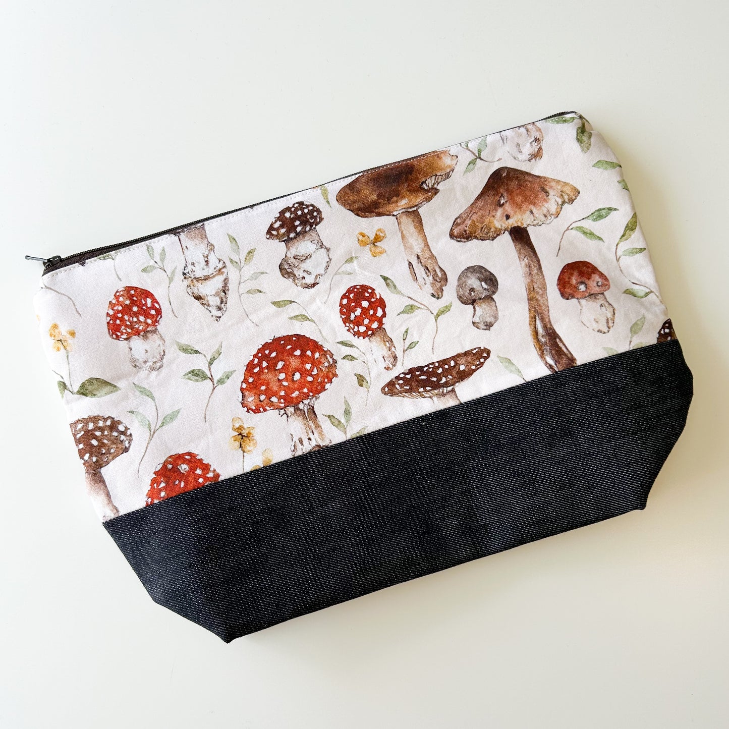 Denim - Small Zippered Project Bag - Cream with Mushrooms