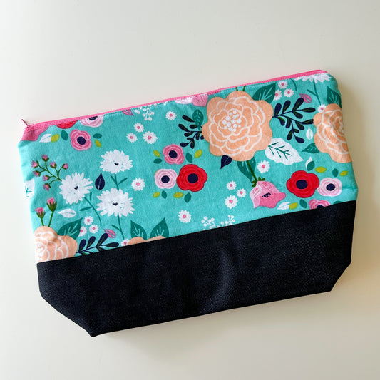 Denim - Small Zippered Project Bag - Teal with Pink & Peach Flowers