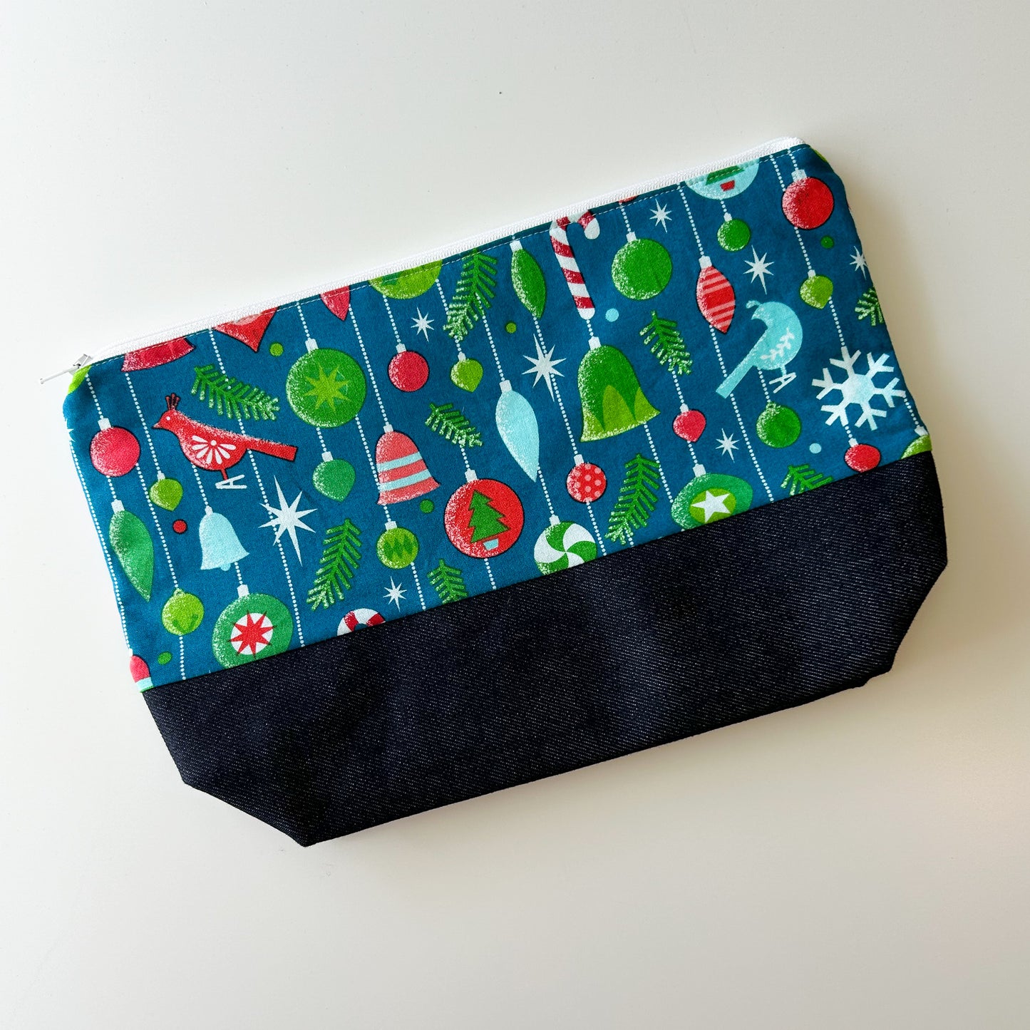 Denim - Small Zippered Project Bag - Antique Christmas Baubles