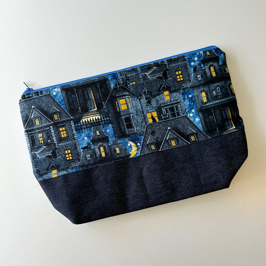 Denim - Small Zippered Project Bag - Haunted Houses