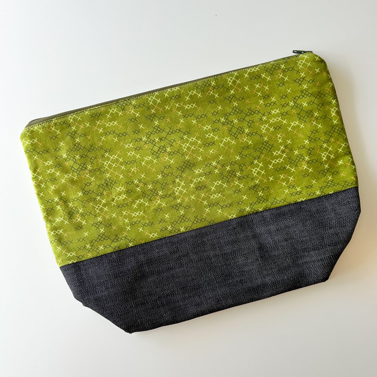 Denim - Shawl Zippered Project Bag - Green and Gold Cross Stitches