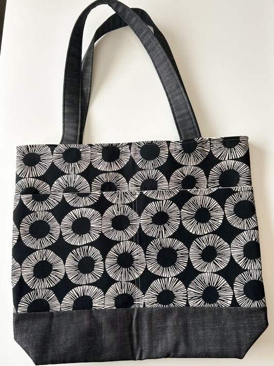 Tote Bag - Black/Denim with Cream Bold Flowers