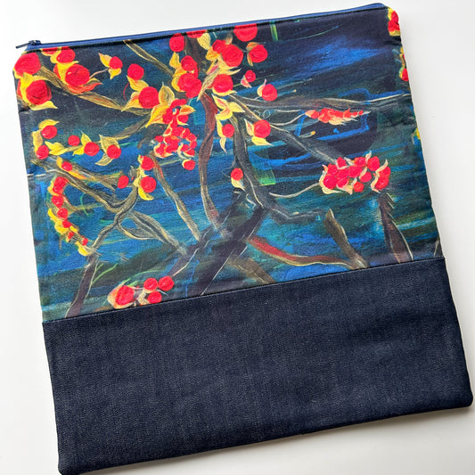 Cross Stitch Zippered Project Bag - Navy with Red Flowers