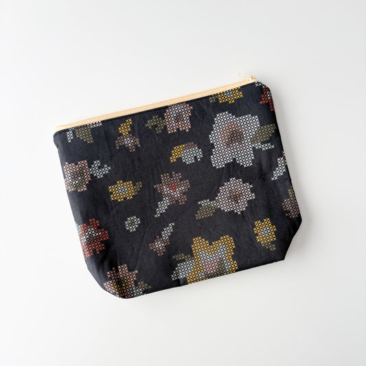 Sock Project Bag - Cross Stitch Flowers on Black