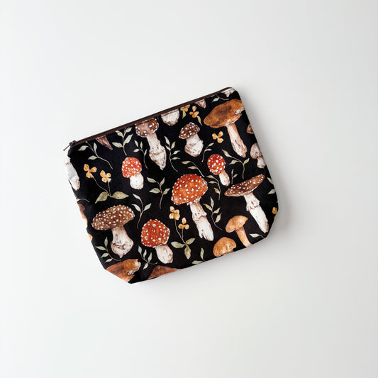 Sock Project Bag - Mushrooms on Black