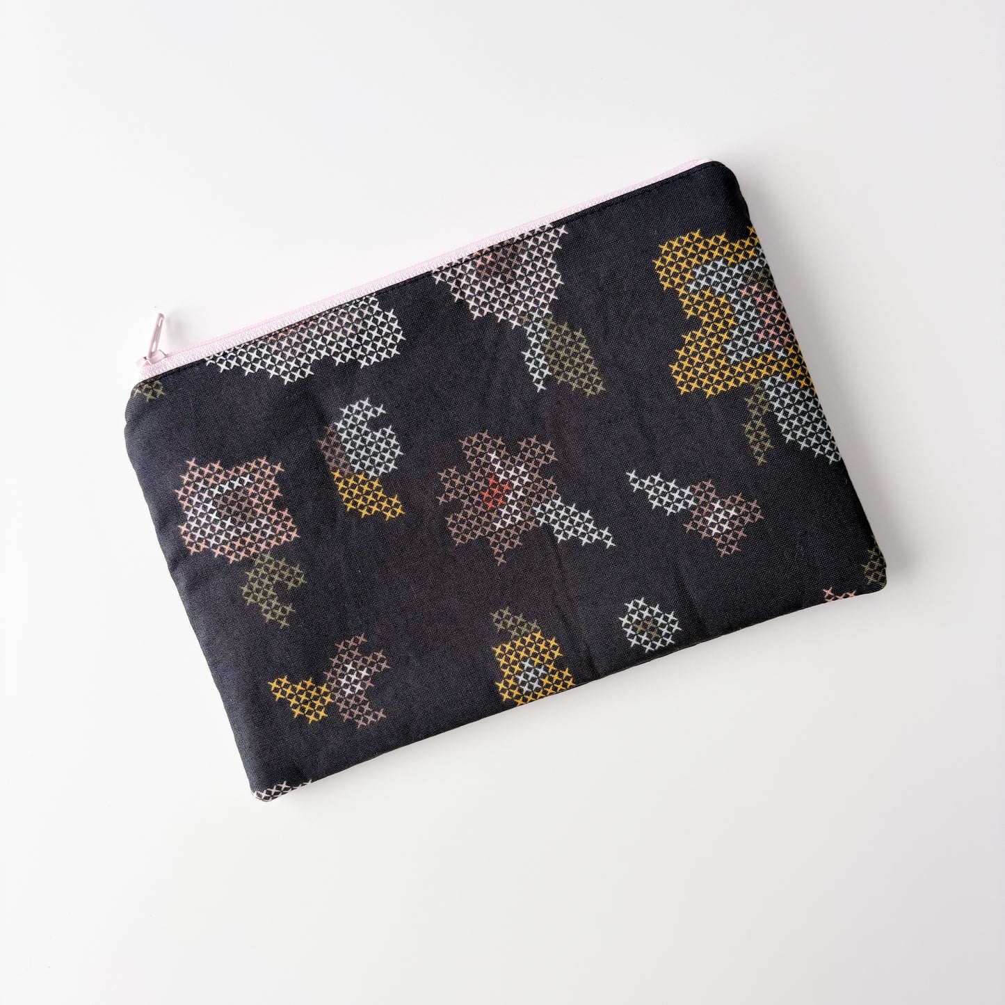 Notion Pouch - Cross Stitch Flowers on Black