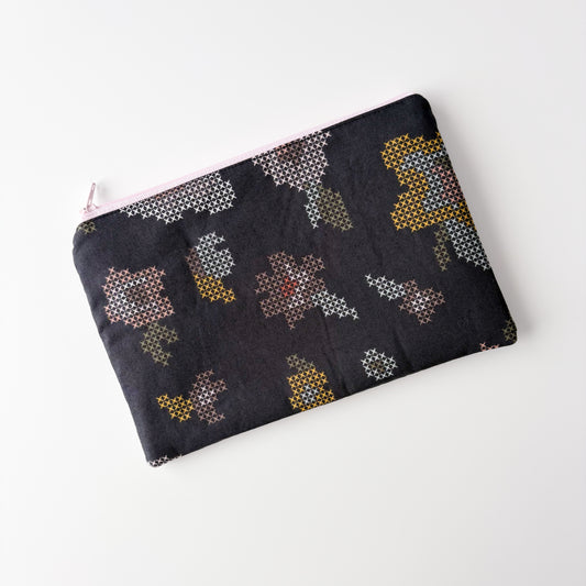 Notion Pouch - Cross Stitch Flowers on Black