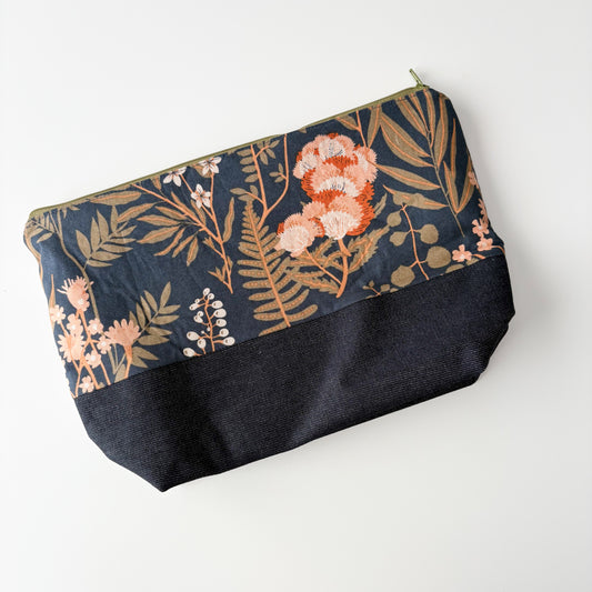 Denim - Small Zippered Project Bag - Meadow Flowers on Navy