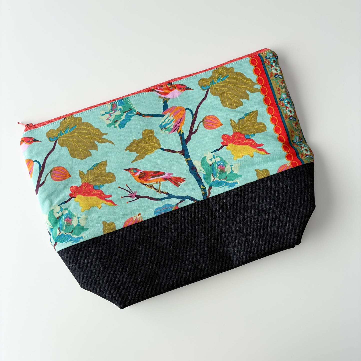 Denim - Shawl Zippered Project Bag - Birds on Branches w/ Teal
