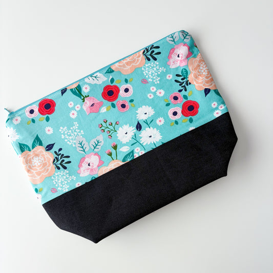 Denim - Shawl Zippered Project Bag - Teal w/ Peach Flowers