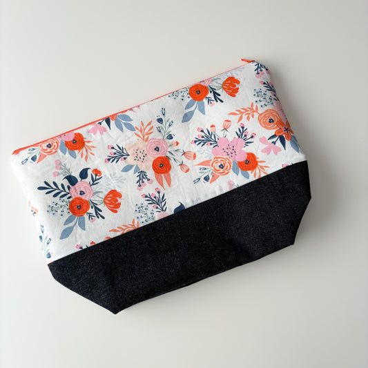 Denim - Sweater Zippered Project Bag - Pink/Orange Flowers