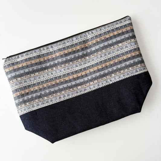 Denim - Sweater Zippered Project Bag - Blue/Tan Measuring Tapes