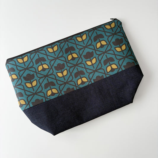 Denim - Sweater Zippered Project Bag - Petrol with Yellow Flowers