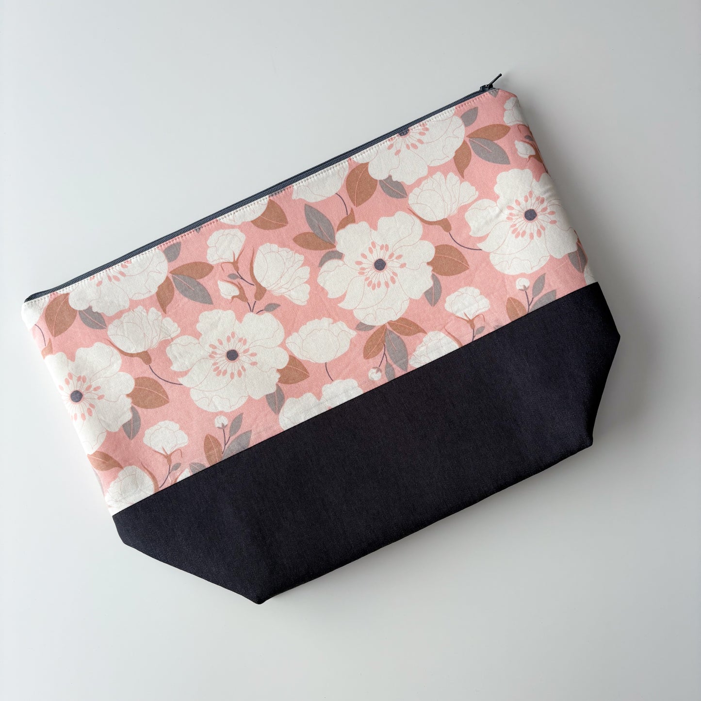 Denim - Sweater Zippered Project Bag - Cream Flowers on Pink