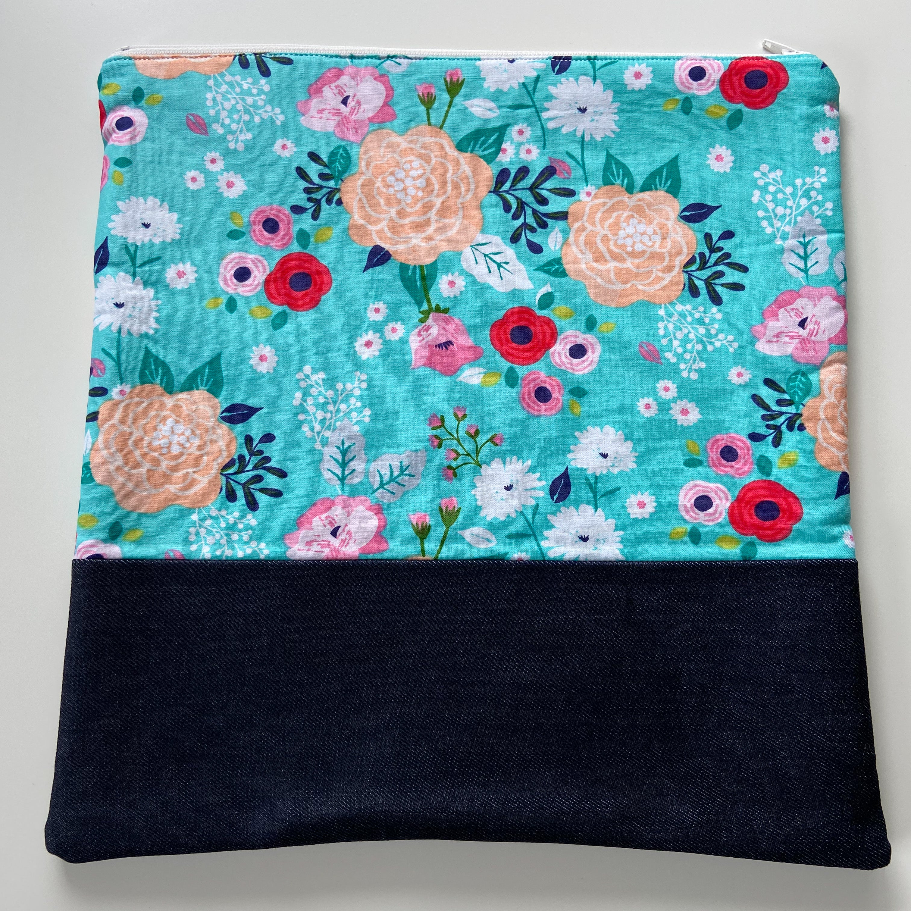 Cross Stitch Zippered Project Bag - Teal with Flowers