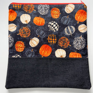 Cross Stitch Zippered Project Bag - Black/Orange/White Pumpkins