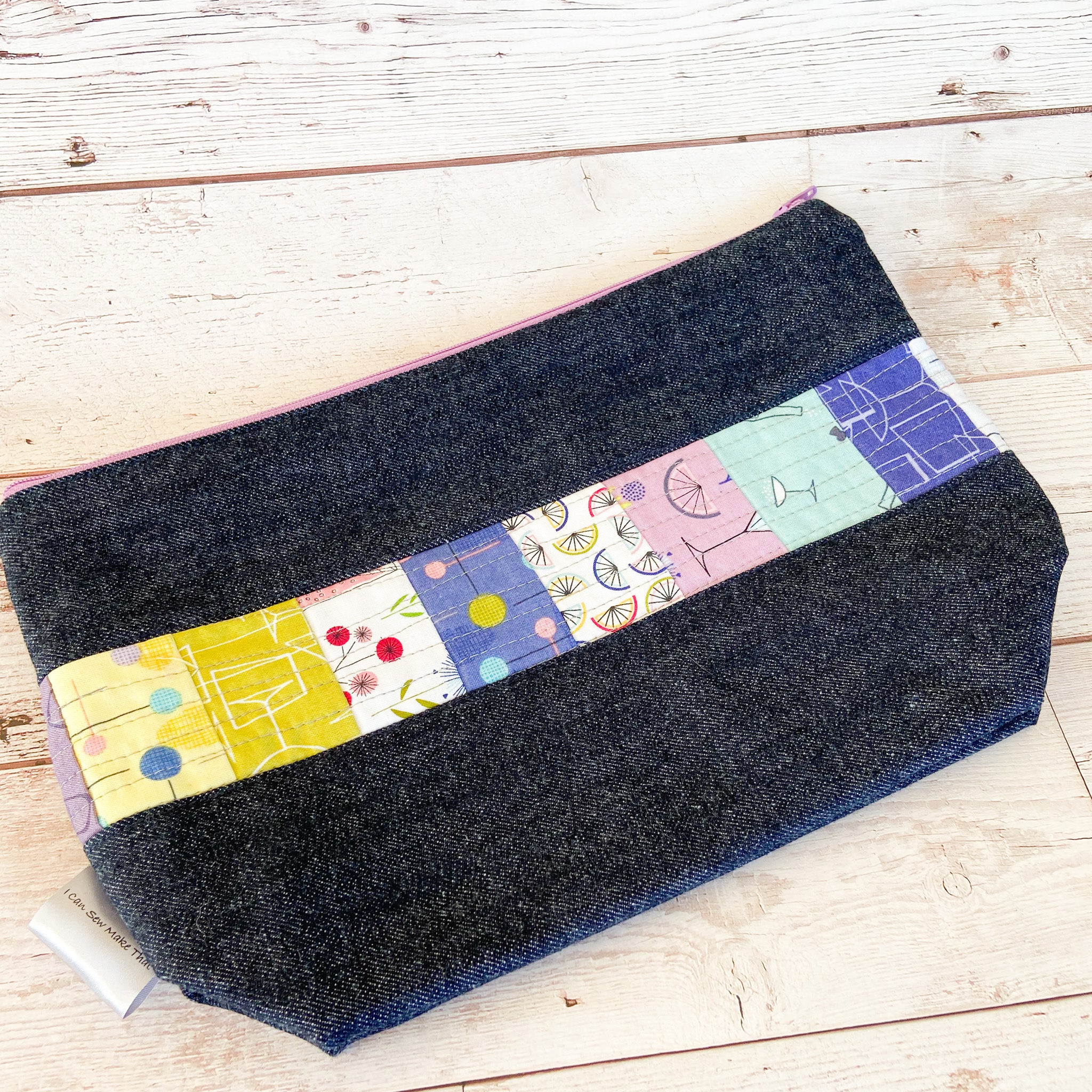 Denim - Small Zippered Project Bag - Cocktails Quilted Fabric Panel