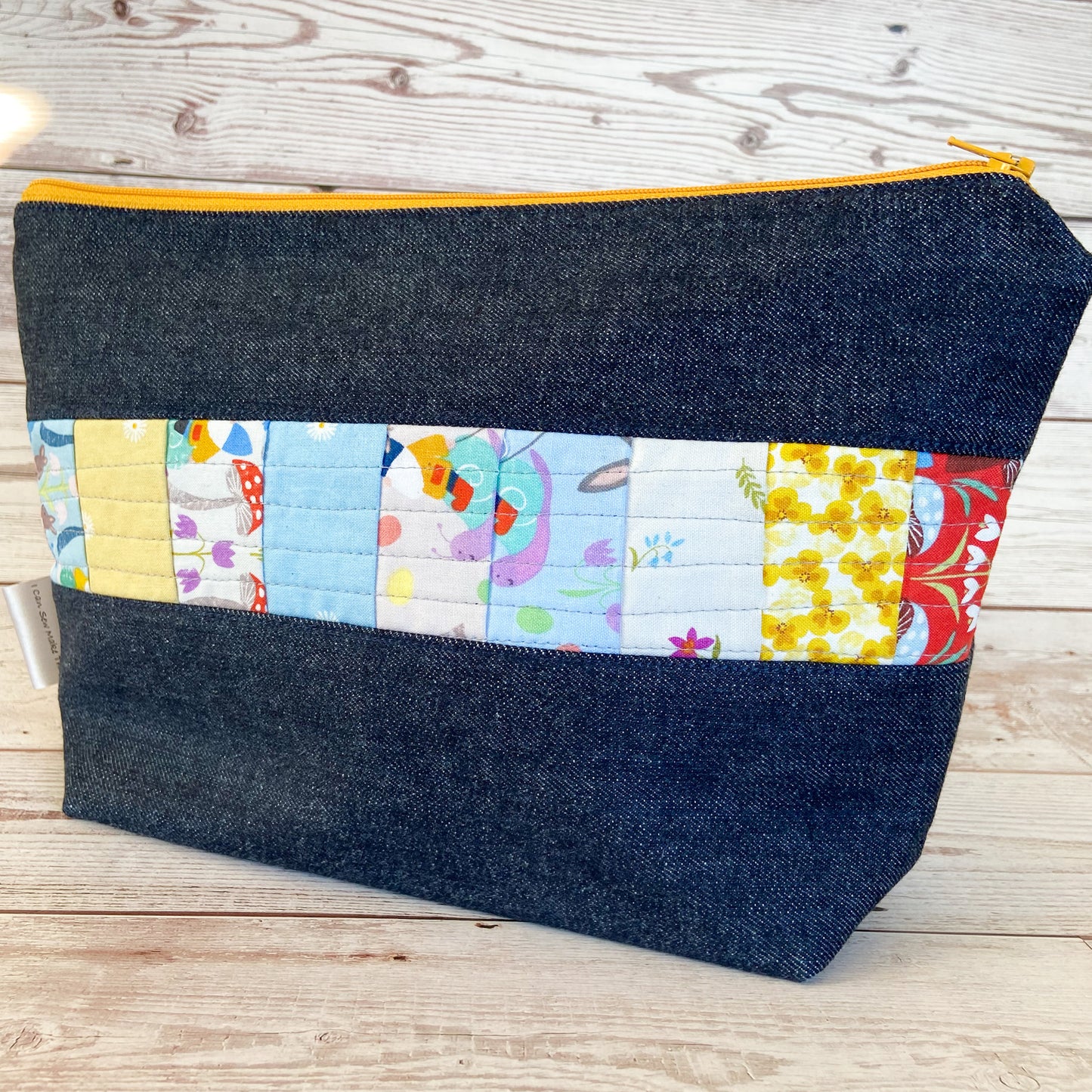 Denim - Small Zippered Project Bag - Gnomes & Mushrooms Quilted Fabric Panel