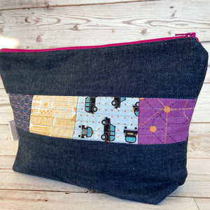 Denim - Small Zippered Project Bag - Cityline Quilted Fabric Panel