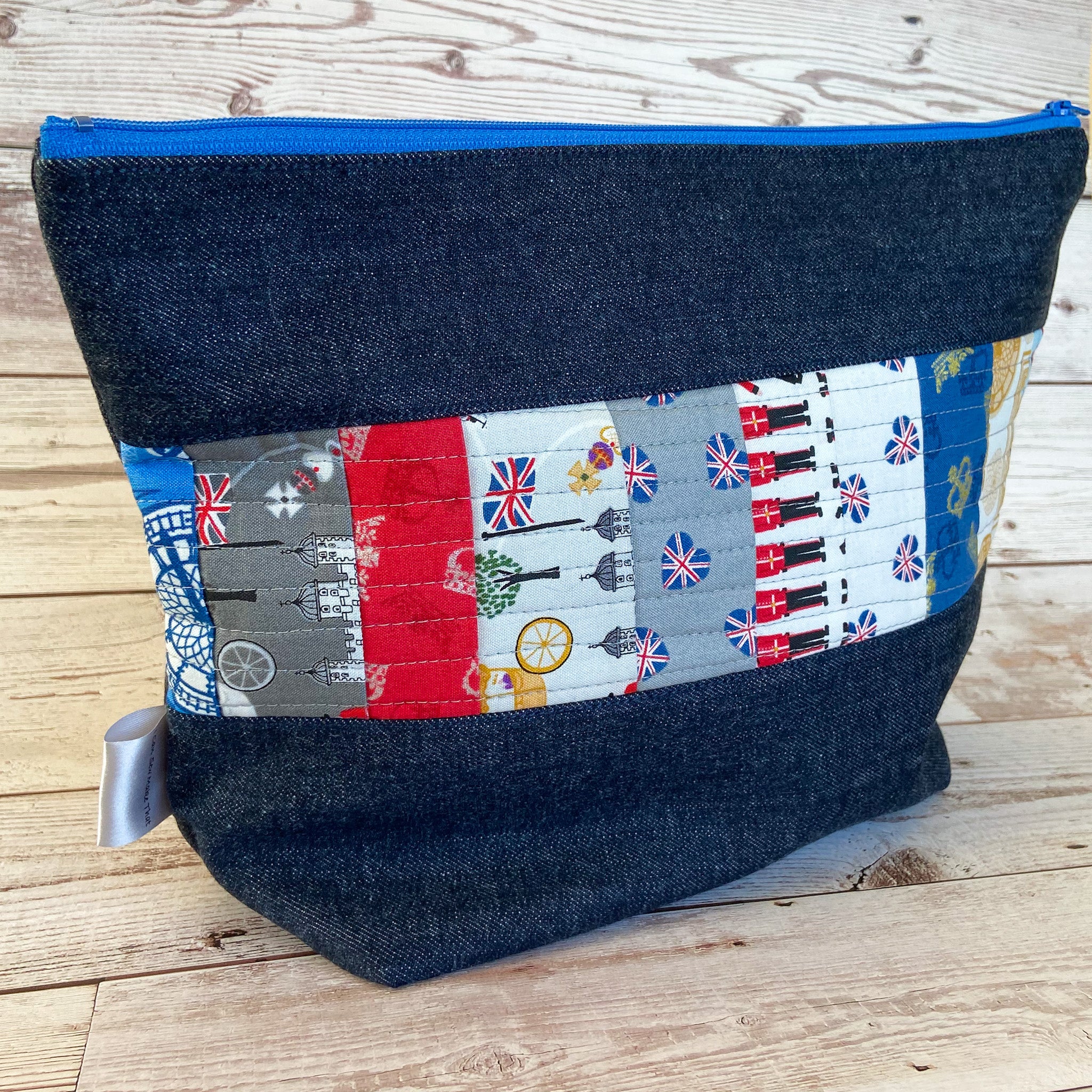 Denim - Large Zippered Project Bag - Britannia Quilted Fabric Panel