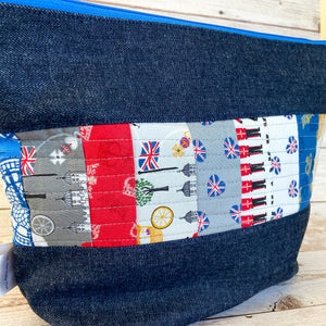 Denim - Large Zippered Project Bag - Britannia Quilted Fabric Panel