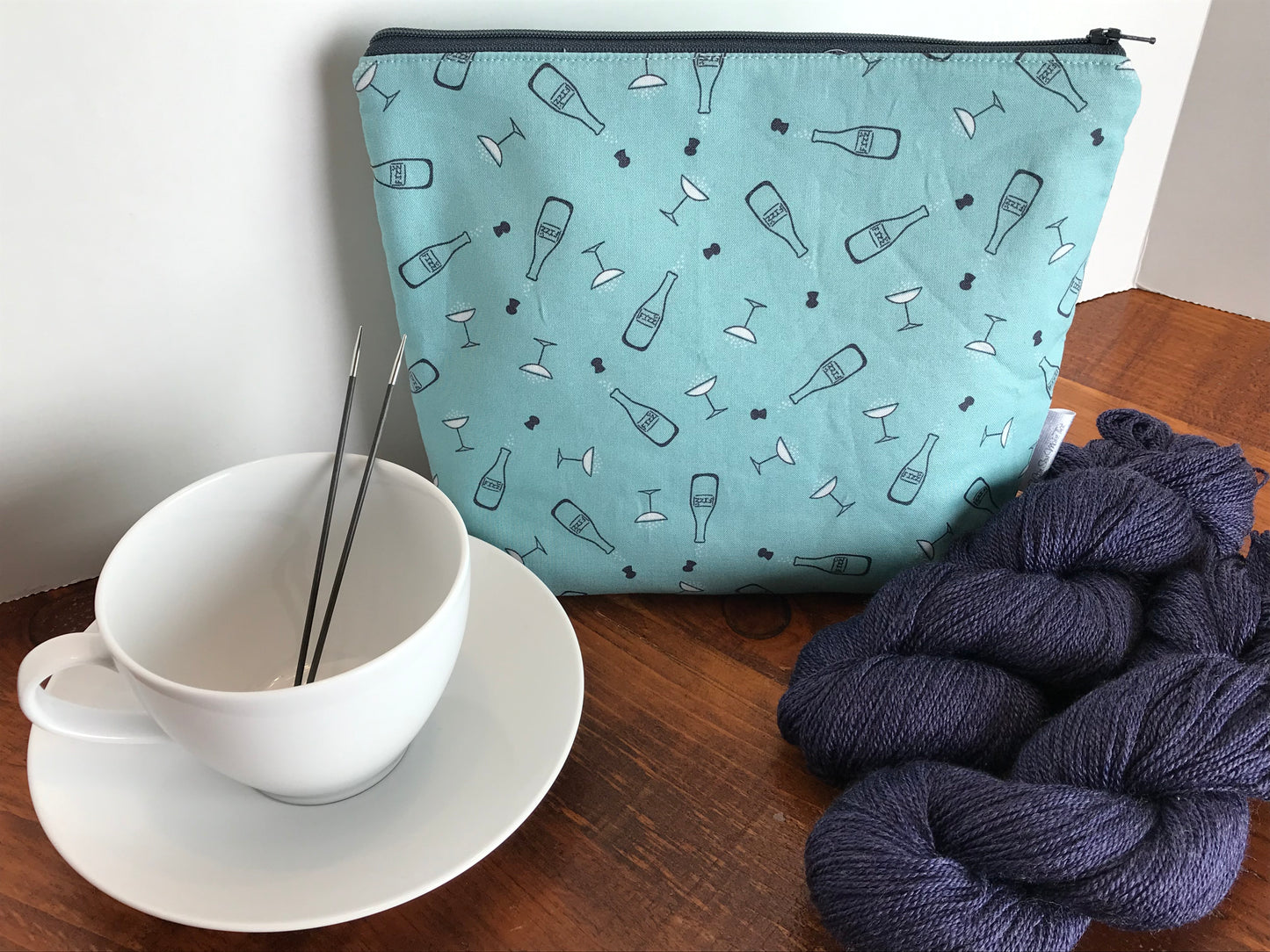 Sock Project Bag - Blue with champagne bottles